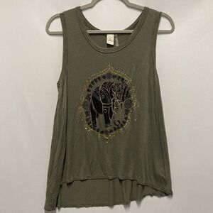 Elephant Mandala Gold Metallic Sleeveless Tunic Tank Top Large Dark Green